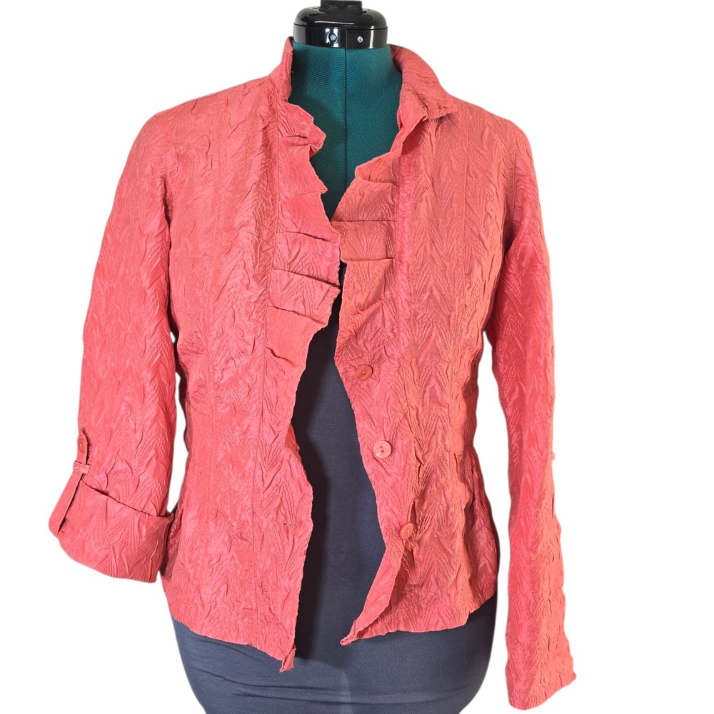 Chico's Coral Textured Ruffle Front Button Up Jacket Size 0‎ Career